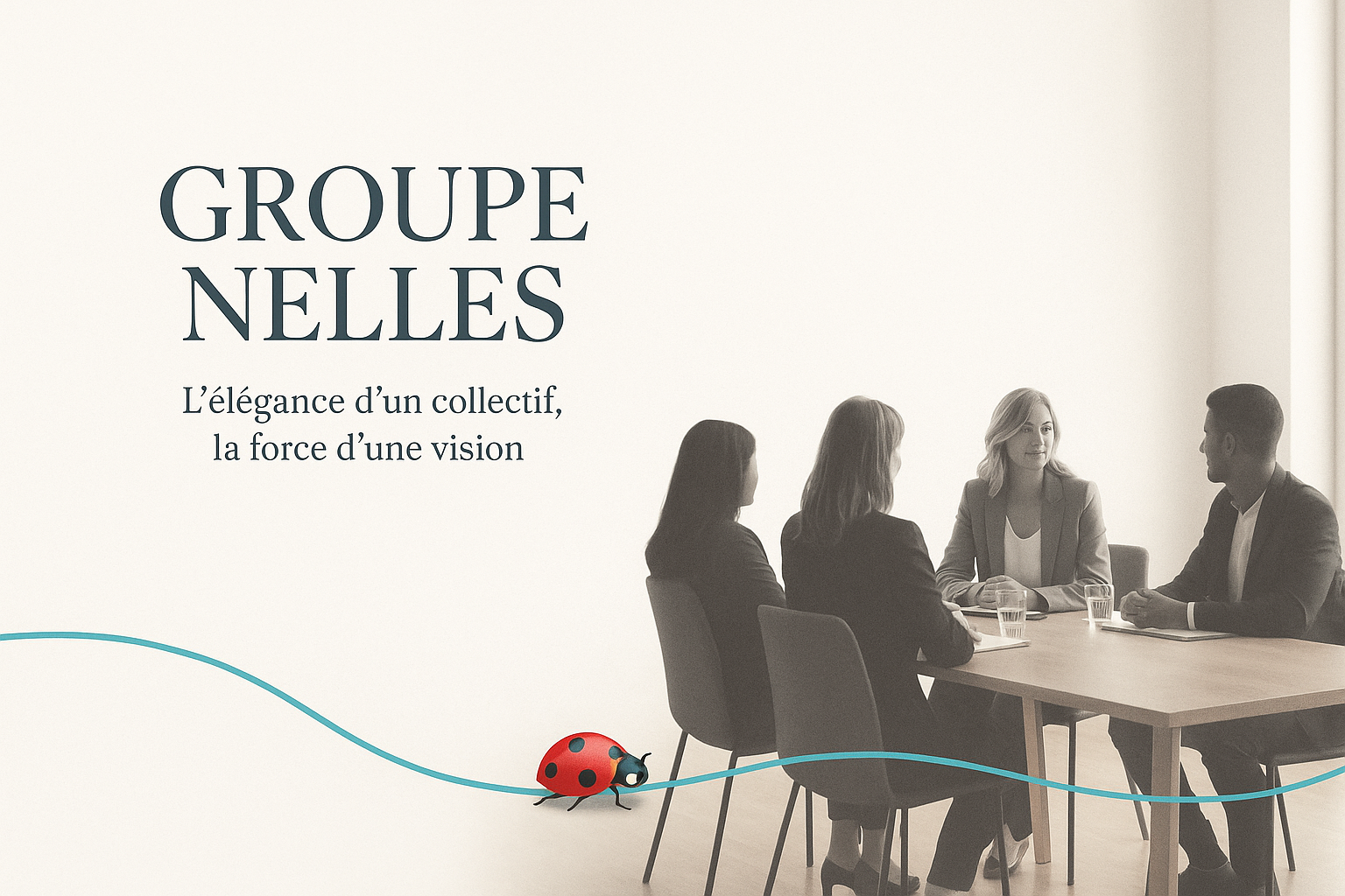 Bannière élégante : espace texte à gauche, réunion conviviale à droite, ligne turquoise et coccinelle